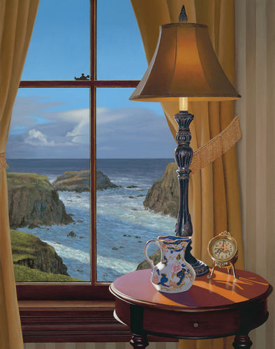 Warm Interior evening scene with vintage lamp and soft warm light, looking out a window upon an seascape